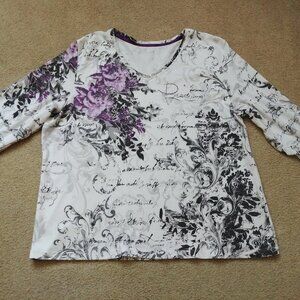 Alia Top, Size Petite Large, Cotton/Polyester, White/Purple/Black Design